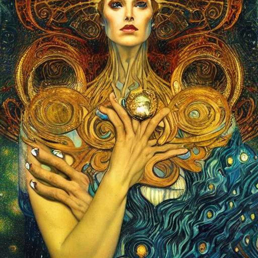 Image similar to Divine Chaos Engine by Karol Bak, Jean Deville, Gustav Klimt, and Vincent Van Gogh