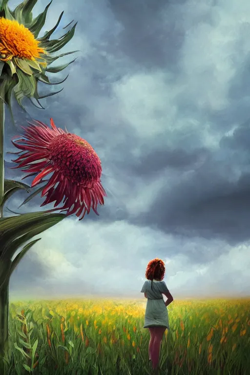 Image similar to closeup, giant daisy flower head, girl between monsteras, surreal photography, wind and cold, dramatic sky, impressionist painting, digital painting, artstation, simon stalenhag