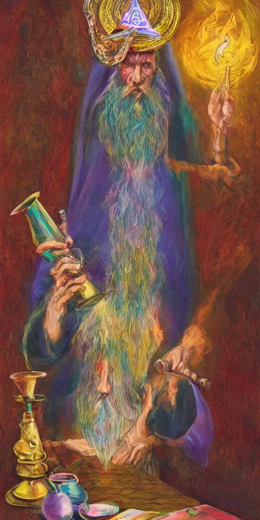 Image similar to a mystical man with a goblet on the table, wizard hat, psychedelic