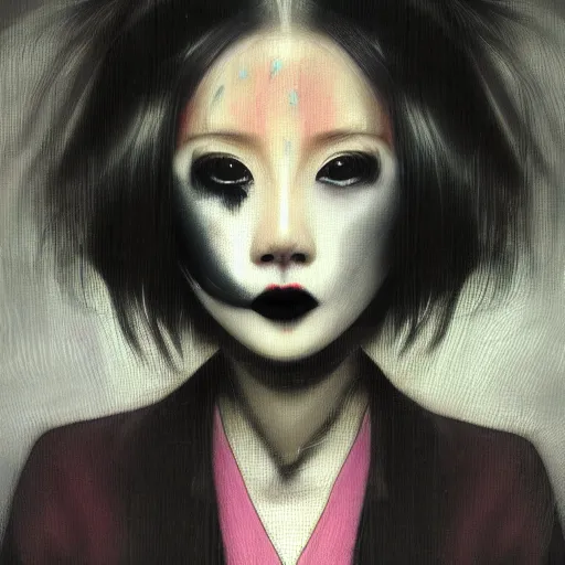 Image similar to yoshitaka amano blurred and dreamy realistic three quarter angle portrait of a young woman with black lipstick and black eyes wearing blazer and shirt with tie, junji ito abstract patterns in the background, satoshi kon anime, noisy film grain effect, highly detailed, renaissance oil painting, weird portrait angle, blurred lost edges