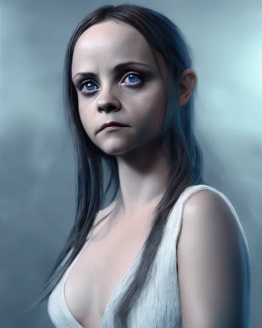 Prompt: Full potrait of christina Ricci as an angel, hyper realistic, prismatic highlights, atmosphere, gorgeous, depth of field, cinematic, macro, concept art, 50mm, artstation, wlop, elegant, epic, weta digital, focus, octane render, v-ray, 8k, kodak portra, art by Liberatore