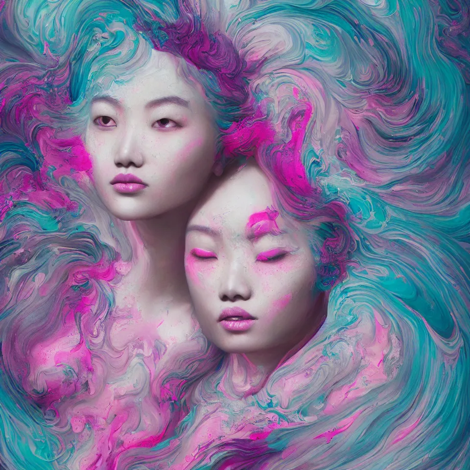 Prompt: a portrait of a very beautiful young asian goddess with pink and grey hair radiating an artwork made of swirling paint and impasto by james jean and wlop, background is multicoloured volumetric displacement, hyperrealism, subsurface scattering, arnold render, noise to volume, 8 k, houdini, xparticles