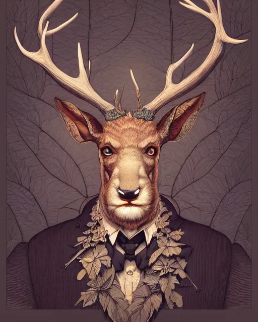 Prompt: anthropomorphic art of a scientist stag, victorian inspired clothing by artgerm, krenz cushart, victo ngai, ryohei hase, artstation. fractal leaves, paper. highly detailed digital painting, smooth, global illumination, fantasy art by greg rutkowsky, karl spitzweg