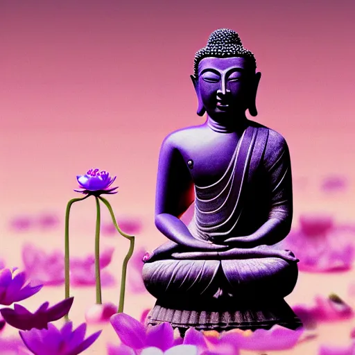 Image similar to The Buddha sitting on a purple Lotus Flower + Buddhist Art + Depth of Field + 4k resolution