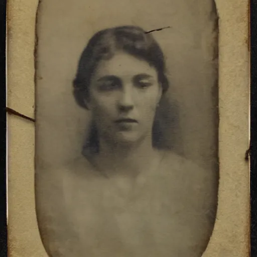 Prompt: antique photograph of a beautiful woman, sad eyes, cracked and faded photo paper, staring at the camera, headshot, dark background, low light, dark