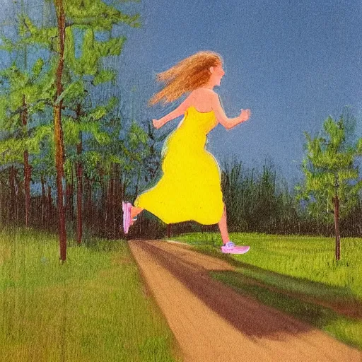 Image similar to “a woman runs sideways to the center of the frame in a yellow sundress at night, full height, in the background a slavic barn and bushes with trees”
