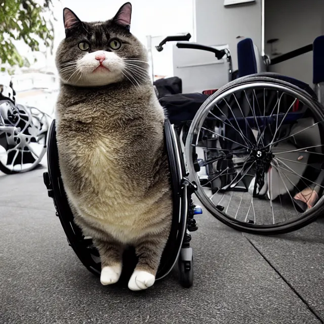 Image similar to fisheye photo of super fat angry cat sitting in a wheelchair