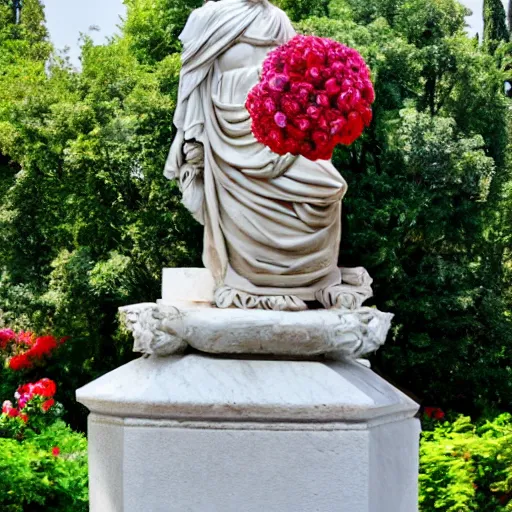 Prompt: greek statue covered in roses, roses on statue, marble statue