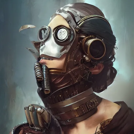 Prompt: steampunk assassin with prosthetic mask, portrait, digital art cedric peyravernay, greg rutkowski, viktoria gavrilenko, artgerm