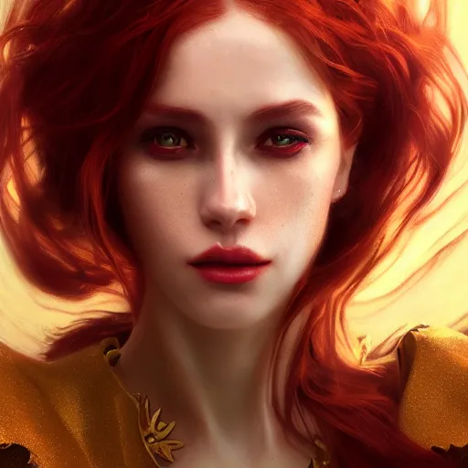 Image similar to redhead vampire sorceress, perfect face, gold shirt, cinematic, stunning, highly detailed, digital painting, artstation, smooth, hard focus, illustration, art by artgerm and greg rutkowski and alphonse mucha, volumetric lighting, octane render, 4 k resolution, trending on artstation, masterpiece