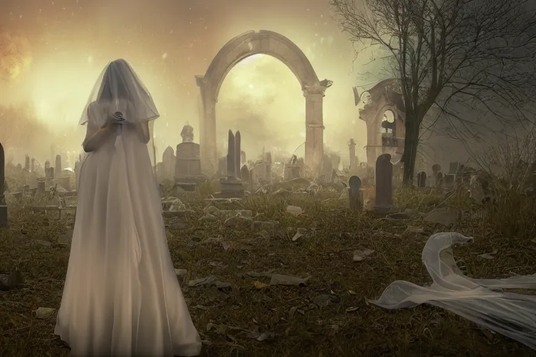 Image similar to an ultra detailed animation of a transparent ghost bride in a graveyard at midnight on halloween, digital art, dark fantasy, concept art, soulslike, by alphonse mucha, blood moon eclipse, ruined building in the background, artstation, 8 k, unreal engine render