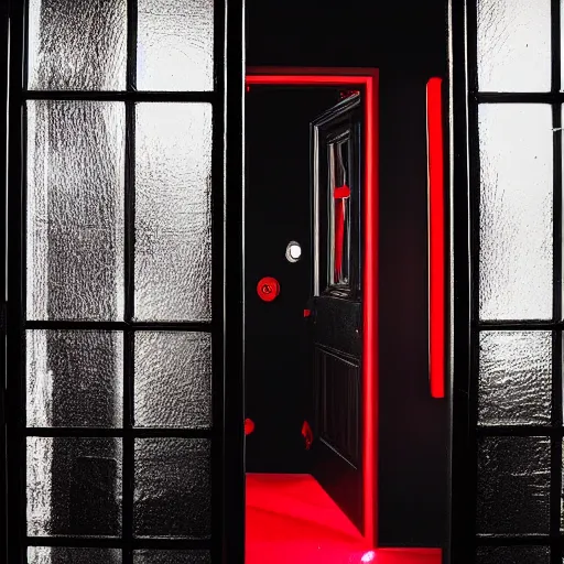 Image similar to an all black room with a glowing red door on the far side, surreal,