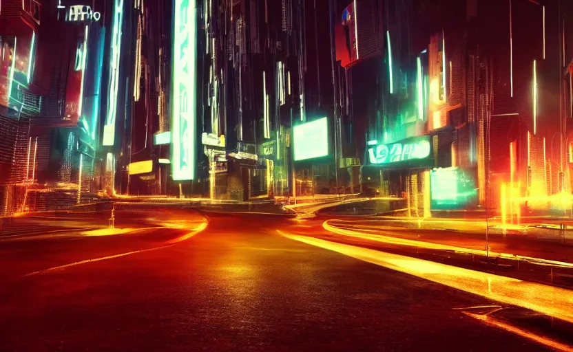 Image similar to you are looking for a giant of 1 km of hight walking on the small city, tron, close up bokeh hiperrealistic neon glow darkness dramatic neon, sharp focus, octane render, imax