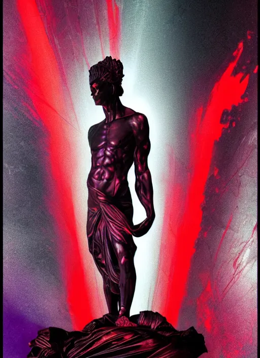 Image similar to dark design poster showing a statue of apollo, black background with very subtle red and purple design elements, powerful, nekro, vito acconci, thin straight lines, dark, glitch art, neo vaporwave, gritty, layout frame, square, trending on artstation