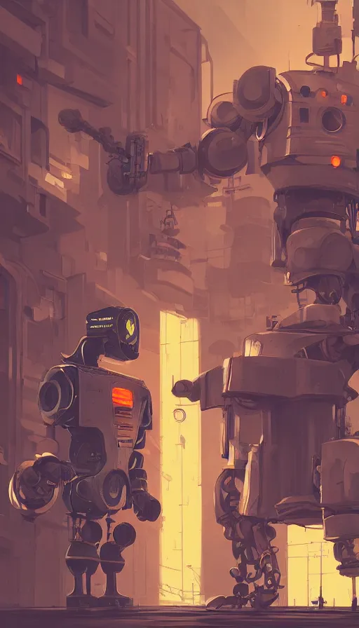 Prompt: steampunk robot and a cyberpunk robot, ready to fight, sharp focus, james gilleard, cinematic, game art, extremely detailed digital painting