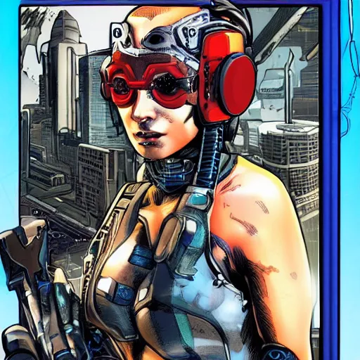 Image similar to A comic book cover of a female cyberpunk mercenary wearing cybernetic sci fi head gear and earpiece in the style of DC Comics, highly detailed, oil on canvas