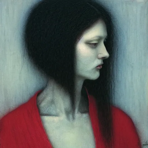 Image similar to portrait of pale white young girl in old red dress with black dark short hairs by Beksinski