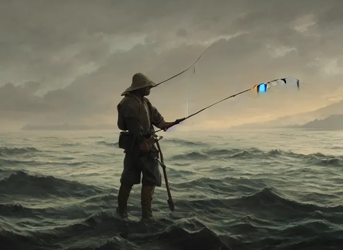 Prompt: close up cinematic artwork of a random old fisherman holding a fishing rod, staring down the enemy on the battlefield by Greg Rutkowski, 4k, masterpiece