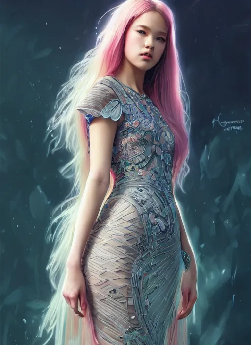 Image similar to jossi of blackpink, wearing a semi transparent dress, m, deep focus, d & d, fantasy, intricate, elegant, highly detailed, digital painting, artstation, concept art, matte, sharp focus, illustration, hearthstone, art by artgerm and greg rutkowski and alphonse mucha