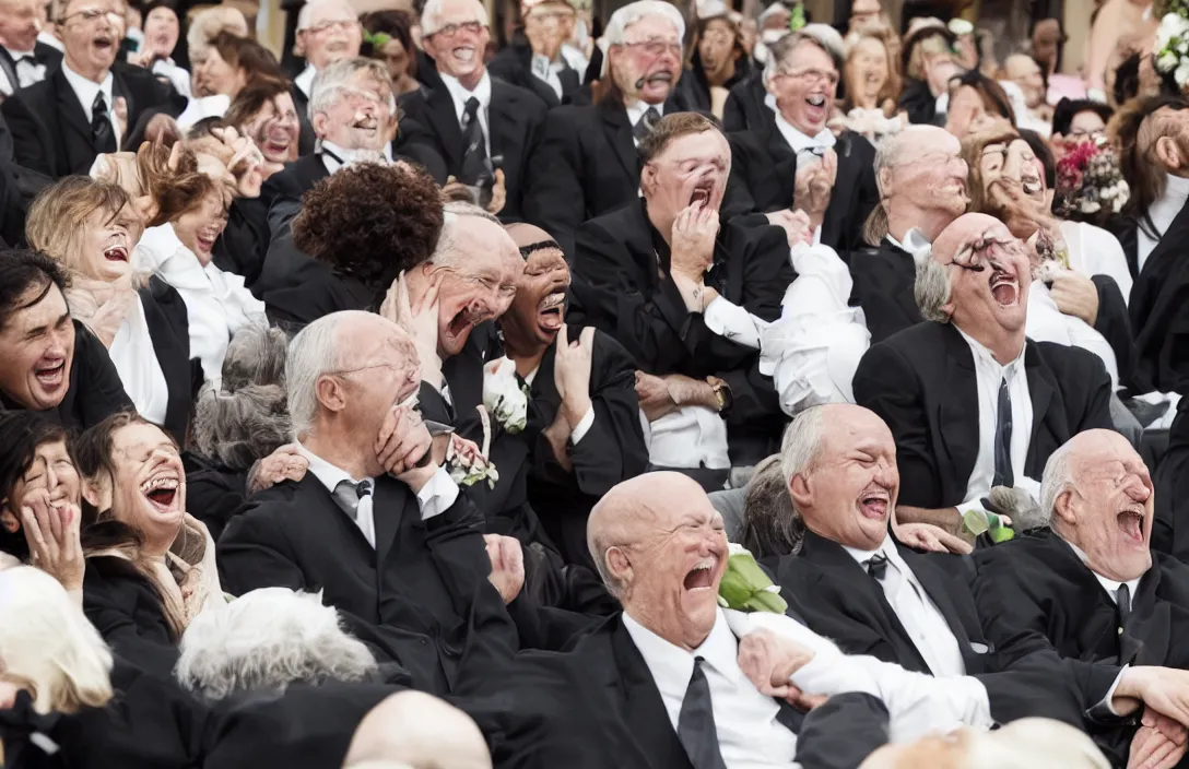 Image similar to a man laughing hysterically at a funeral while everyone looks at him