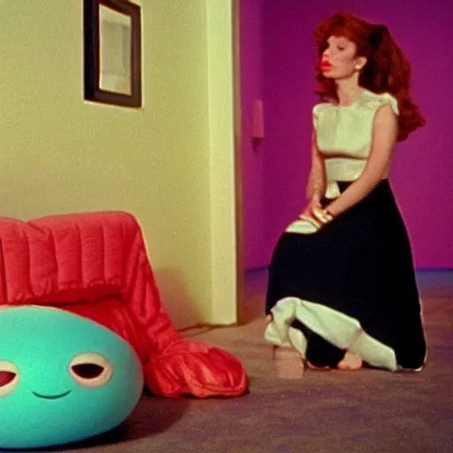 Prompt: still from a 1988 arthouse film about a depressed housewife dressed as a squishy inflatable toy who meets a handsome younger man in a seedy motel room, color film, 16mm soft light, weird art on the wall