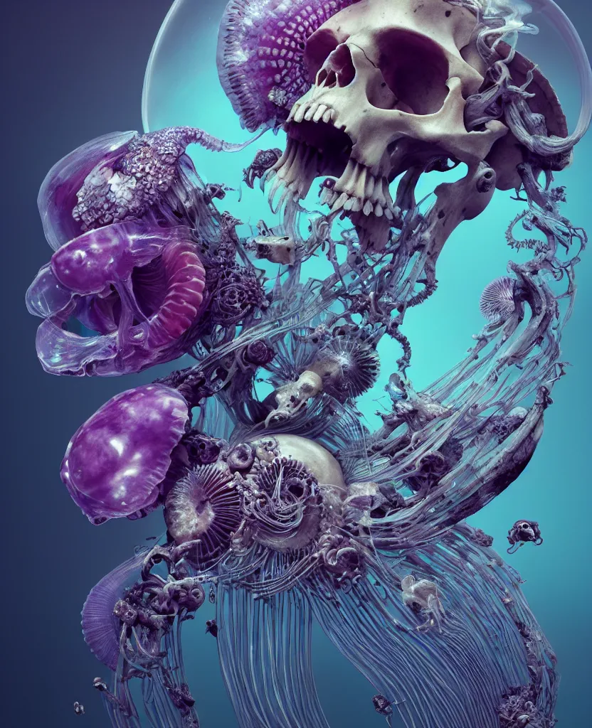 Image similar to goddess close-up portrait ram skull, skeleton, thorax, x-ray, backbone, jellyfish phoenix head, nautilus, orchid, skull, betta fish, bioluminiscent creatures, intricate artwork by Tooth Wu and wlop and beeple. octane render, trending on artstation, greg rutkowski very coherent symmetrical artwork. cinematic, hyper realism, high detail, octane render, 8k