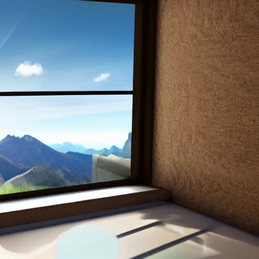 Prompt: looked at big window, mountains in background, sunny day time, clear sky, futuristic, furnitures, ultra realistic, ultra detailed, cinematic light