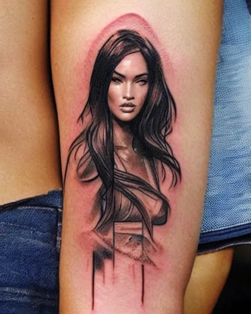 Image similar to creative double exposure effect tattoo design sketch of megan fox faded with beautiful mountain scenery, realism tattoo, in the style of matteo pasqualin, amazing detail, sharp