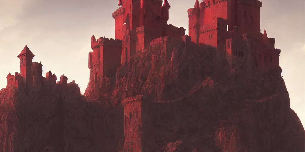 Image similar to A castle made out of red stone, by Greg Rutkowski and Raphael Lacoste, bright, high contrast, cinematic lighting, highly detailed, 4k resolution, trending on artstation