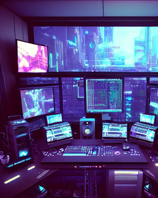 Image similar to artstation cyberpunk scifi scene of a complex computer workstation in a small studio apartment room, many monitors, many electronics, a window view, very detailed, maximalism, ambient occlusion, volumetric light, atmospheric haze, unreal engine, hyper realism, realistic shading, cinematic composition, realistic render, octane render, detailed textures, photorealistic, wide shot