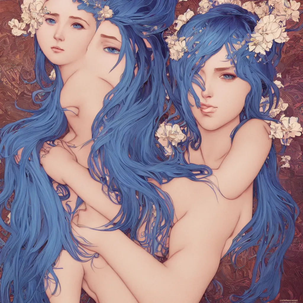 Image similar to One beautiful goddess with blue hair, highly detailed, digital painting, smooth, sharp focus, illustration, art by artgerm and alphonse mucha, high definition digital art, full body shot, in the style of Ross tran and ilya kuvshinov