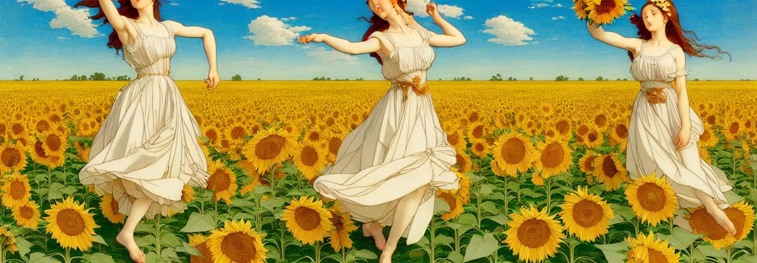 Image similar to beautiful young girl dancing in a fiery dress in a beautiful field of sunflowers and lilies, like leonardo da vinci sketches! in the style of studio ghibli, j. c. leyendecker, greg rutkowski, artgerm