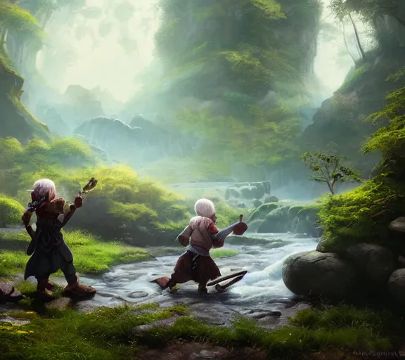 Prompt: fantasy illustration of halfling dice gambling with a white haired dwarf next to a shallow creek, oil painting, greg rutkowski, wlop, highly detailed, colorful, unreal engine, octane render, dramatic lighting, cinematic composition,