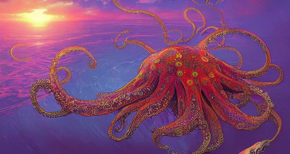 Prompt: insanely psychedelic ocean waves, paisley ripples, backlit ancient octopus 🐙, sunrise 🌅, refracted lighting, psychedelic ocean art, elegant, award winning, stunning, 8 k resolution, intricate and fine details, digital painting, artstation, krenz cushart, ian mcque, alphonse mucha