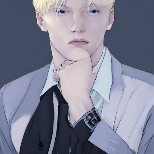 Image similar to portrait of the male model Lucius Bjornsson with beautiful long pale blond hair, albino white pale skin, posing for a photoshoot in the golden hour, white dress shirt and black miniskirt, broad shoulders and huge thick arms, ambient lighting, 4k, anime key visual, lois van baarle, ilya kuvshinov, rossdraws, artstation