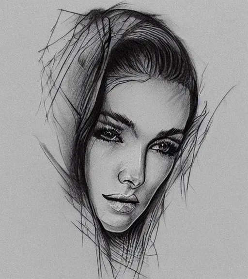 Prompt: tattoo design sketch of a perfect woman face with a faded background of beautiful mountains and nature on her side, hyper - realistic, in the style of den yakovlev, amazing detail, black and white