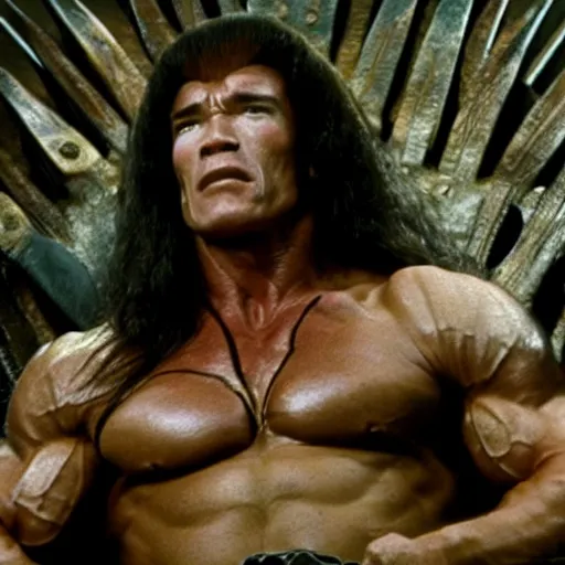 Image similar to film still of arnold schwarzenegger as conan the barbarian sitting on the iron throne