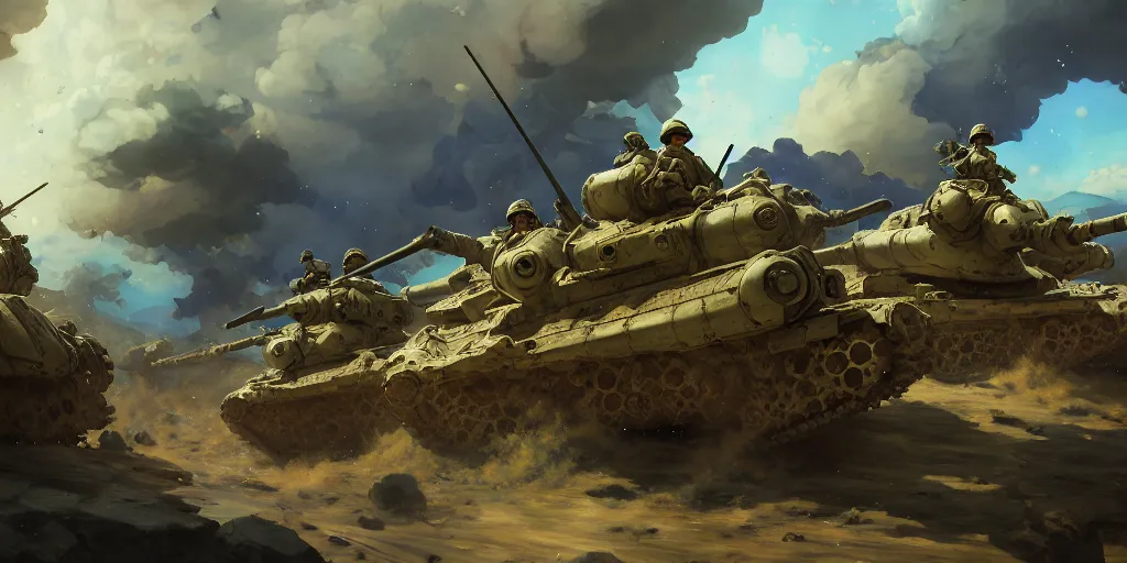 Image similar to baroque oil painting of key visual environment concept art of anime maids riding early tanks in the great war, brutalist fantasy, rule of thirds golden ratio, fake detail, trending pixiv fanbox, acrylic palette knife, style of makoto shinkai ghibli takashi takeuchi yoshiyuki sadamoto jamie wyeth james gilleard greg rutkowski chiho aoshima