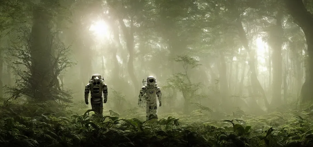 Image similar to an astronaut looking at a complex organic fractal metallic symbiotic ceramic humanoid megastructure creature in a swampy lush forest, foggy, sun rays, cinematic shot, photo still from movie by denis villeneuve, wayne barlowe