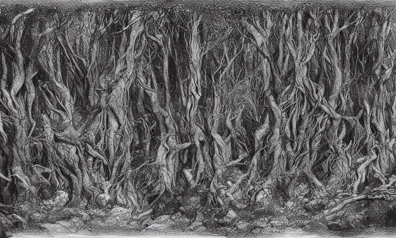 Prompt: an engraving of the interior of a dark forest, wistman's wood by gustave dore, ian miller, highly detailed, storybook illustration, lithograph engraving