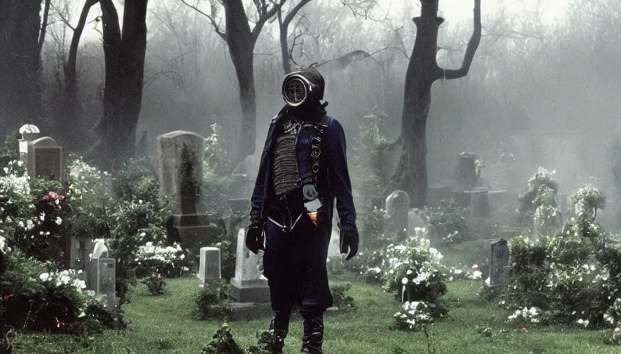 Prompt: 80s movie by James Cameron about a overgrown cemetery where a lavishly dressed necromancer priest in a gas mask