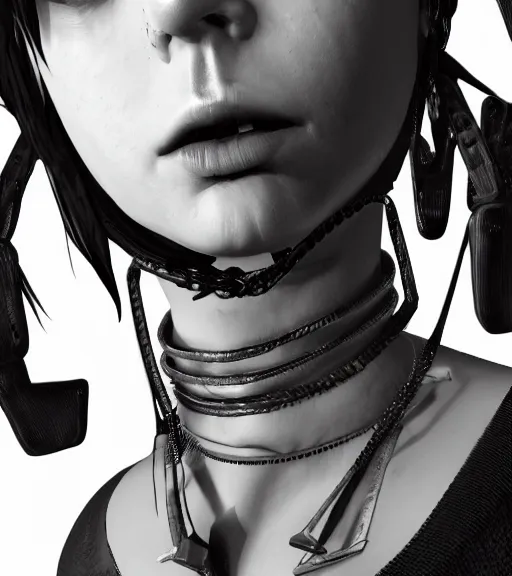 Image similar to detailed realistic female character cyberpunk wearing thick tight collar around neck, realistic, art, beautiful, 4K, collar, choker, collar around neck, punk, artstation, detailed, female, woman, choker, cyberpunk, neon, punk, collar, choker, collar around neck, thick collar, tight around neck, punk,