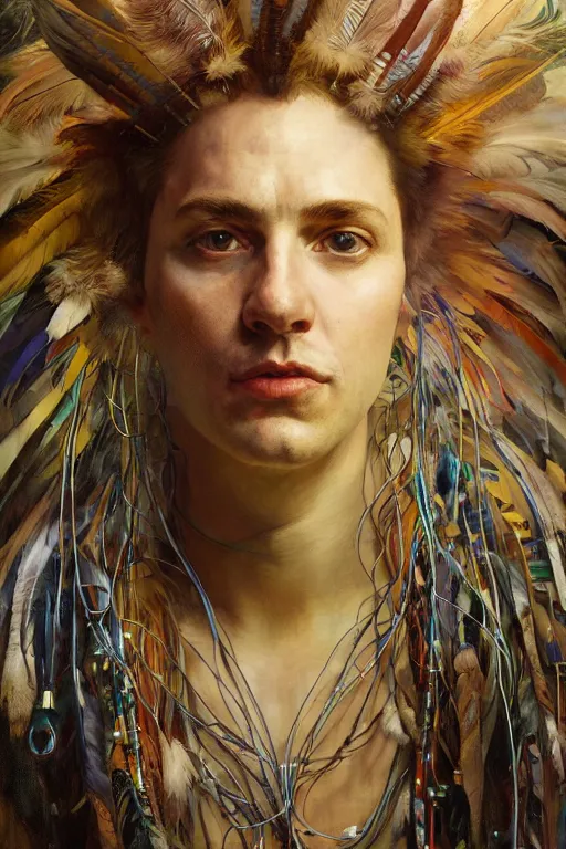 Prompt: hyperrealist portrait of a human with eagle head, it is decorated with long wires and feathers that fall like vines with lots of computer monitors in the background. by jeremy mann and alphonse mucha, fantasy art, photo realistic, dynamic lighting, artstation, poster, volumetric lighting, very detailed faces, 8 k, award winning