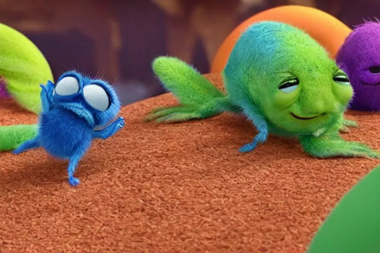 Image similar to disney pixar's a bug's life, cgi caterpillar colorful, furry caterpillar