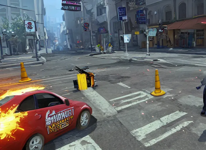 Prompt: street cleaning mmo game, video game screenshot, mmo hud, third person, hd graphics