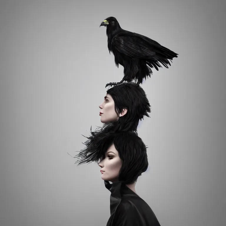 Image similar to hight focus of a wonderful realistic focused sweet wonderful symmetrical mid portrait of a lonely woman with a detailed wonderful, majestic, large dress like a realistic black raven, dramatic light, octane render - 8 k