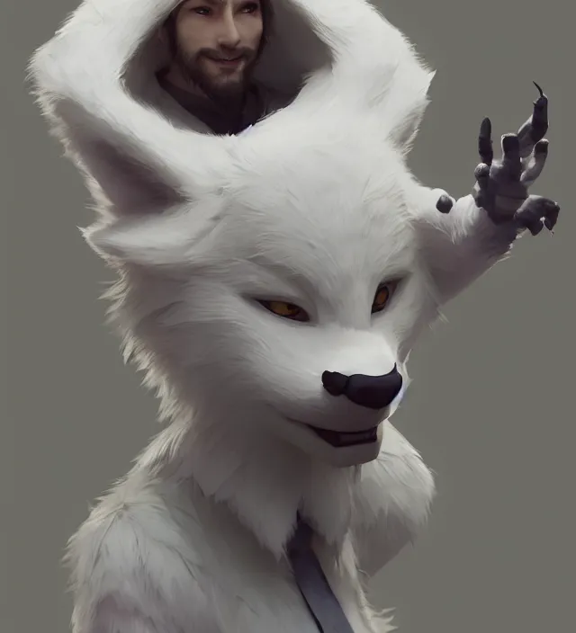 Image similar to a beautiful fullbody portrait of a cute male anthropomorph white wolf wearing a kigurumi. character design by cory loftis, fenghua zhong, ryohei hase, ismail inceoglu and ruan jia. artstation, volumetric light, detailed, photorealistic, rendered in octane