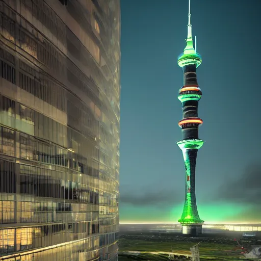 Image similar to auckland sky tower, green lighting, evil, artstation, octane render