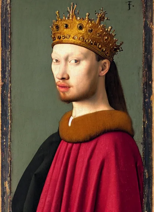 Image similar to portrait of a young king with a crown, medieval painting by Jan van Eyck, Johannes Vermeer, Florence