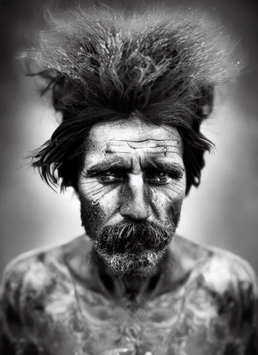 Image similar to Award winning Editorial photo of a Native Liechtensteiners with incredible hair and beautiful hyper-detailed eyes wearing traditional garb by Lee Jeffries, 85mm ND 5, perfect lighting, gelatin silver process